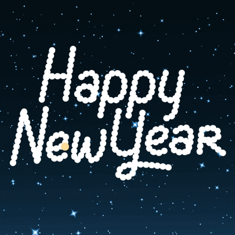 Text gif. An airplane flies through the sky while fireworks explode. Text, “Happy New Year.”