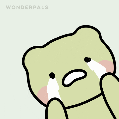 Kawaii gif. Cream-colored bear character with rosy cheeks weeps at us from the corner of the frame, with its paws near its face.