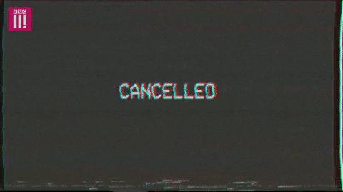 An animated gif with a black background and the word "cancelled" in the middle. It looks like an old computer screen, with the black background glitching slightly and the font of the text as the old, block computer text.
