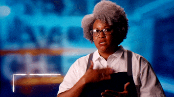Reality TV gif. Courtney from Next Level Chef pats her chest repeatedly while she says, "My heart, my heart is just beating" which appears as text.