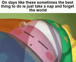Meme gif. Cartoon image shows Mario's Kirby wearing a sleeping cap, tucked in to a cozy bed and sleeping peacefully, blowing bubbles out of his mouth. Text, "On days like these, sometimes the best thing to do is just take a nap and forget the world."