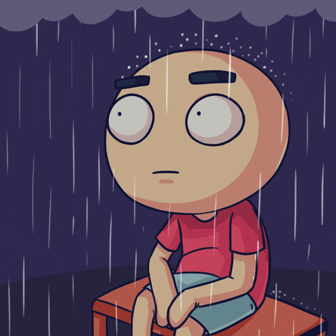 Cartoon gif. Person unemotionally slouches upon an orange bench, unresponsive to the pouring rain falling upon his head and the strikes of lightning.