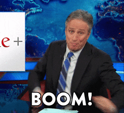 TV gif. Jon Stewart sits at his desk looking excited off to the side and then lurching toward us as he says "Boom!" which appears as text.