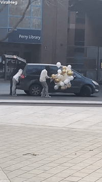 Balloons Drag Woman Down in Heavy Wind