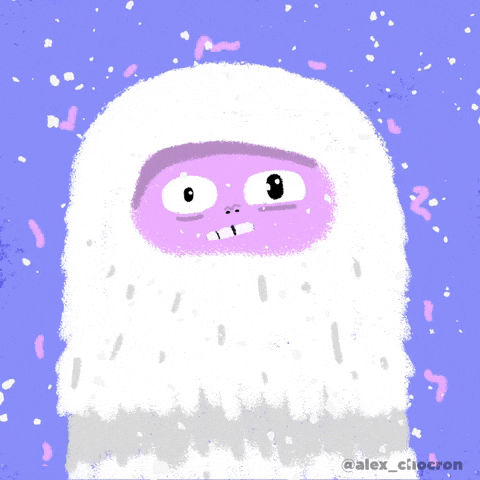 Illustrated gif. A purple yeti wearing a white fur coat shivers as snow falls around it and its eyes are going in different directions.