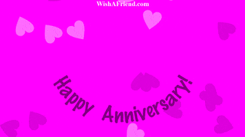 Text gif. Hearts fall like snow on a pink background as text rolls in. Text, “Happy Anniversary!”