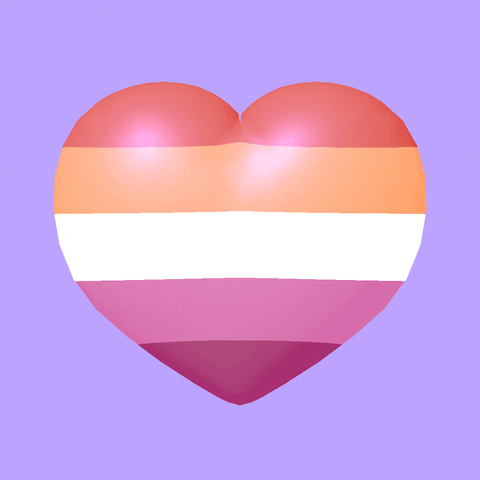 Digital art gif. Cartoon illustration of a twirling 3-D heart shape striped with the colors of the lesbian pride flag: salmon, orange, white, pink, and dark pink against a light lavender background.