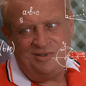 Celebrity gif. Rodney Dangerfield looks around with a confused, wild-eyed expressions, looking dazzled and delighted in an unsettling way as complex math equations float around his head like the math lady meme. 