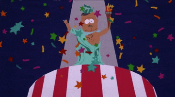 South Park gif. Big Gay Al dressed as the Statue of Liberty stands in a spotlight on a red and white-striped platform while colorful confetti flutters down.