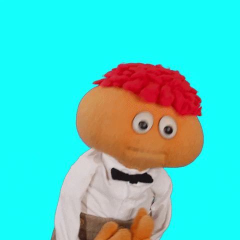 Video gif. Gerbert the puppet with red curly hair and a black bow tie gestures forward and then pops up excitedly against a teal blue background, saying "wahoo!'