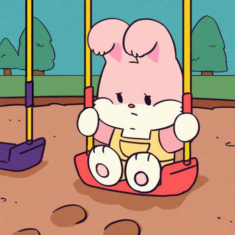 Cartoon gif. A sad pink bunny swings slowly back and forth on a playground swing, eyes downcast and ears slumped.