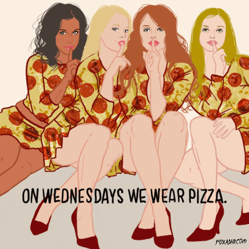 Illustrated gif. Gretchen, Regina, Cady, and Karen from "Mean Girls" wearing similar red-and-yellow-patterned dresses, sitting and leaning in close to one another with their fingers to their lips in a "shushing" gesture.