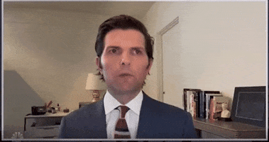 Parks and Recreation gif. In a webcam video, Adam Scott as Ben Wyatt throws his hands up and glances off to the side as if to suggest he is giving up.