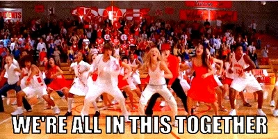 High School Musical's "We're All In This Together" Animated GIF with the cast of High School Musical singing and dancing to "We're All In This Together"