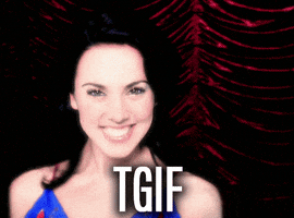 Celebrity gif. Mel C as Sporty Spice smiling and throwing her hands up in celebration at an accelerated speed. Text, “TGIF.”