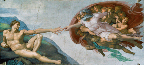 'De schepping van Adam' van Michelangelo waarbij God en Adam elkaar een vuistje geven.