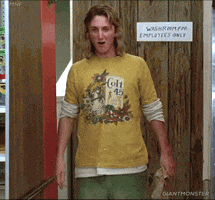 Movie gif. Sean Penn as Jeff Spicoli on Fast Times at Ridgemont High stands back with a bag in his hand. He has a goofy, impressed smile on his face as he says, “awesome!”