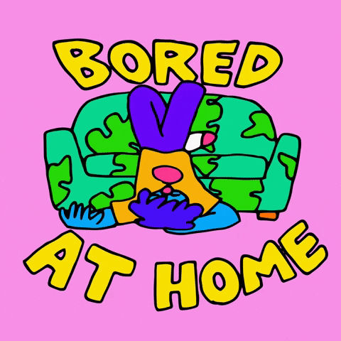 Cartoon gif. An animated blue man changes positions several times on a green couch, looking bored. Text, “bored at home.”
