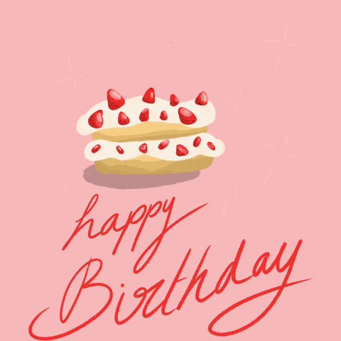 Digital illustration gif. Two strawberry shortcakes stacked on top of each other with strawberries on top bounce up and down on a blush pink background. Text, "Happy birthday."