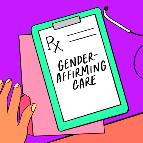 Digital art gif. A cartoon doctor's hand writes the words "gender-affirming care saves lives," on a cartoon doctor's prescription pad.