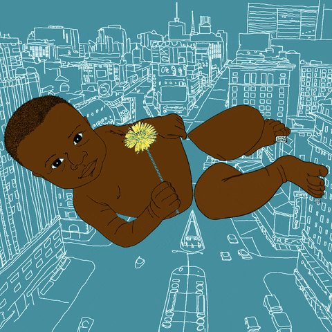 Illustrated gif. Black infant lays horizontally and holds a dandelion, against a blue background with a city drawn in white. The infant lifts the dandelion up slightly and the text “Vote Early” appears with yellow particles dotted across the whole image. The O in “Vote” is made using the head of the dandelion.