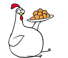 Cartoon gif. A perfect loop of a fat, wall-eyed rooster that sits and holds its wing out to catch a plate full of food, which it dumps into its mouth, before throwing the plate away as it chews.