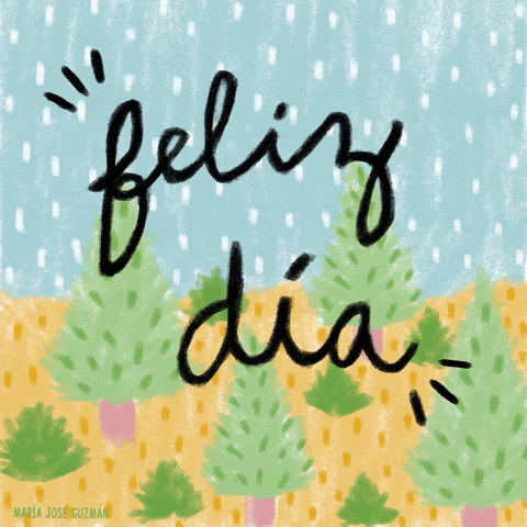 Digital illustration gif. Black text on a snowy forest backdrop filled with pine trees reads, "Feliz dia de la madre."