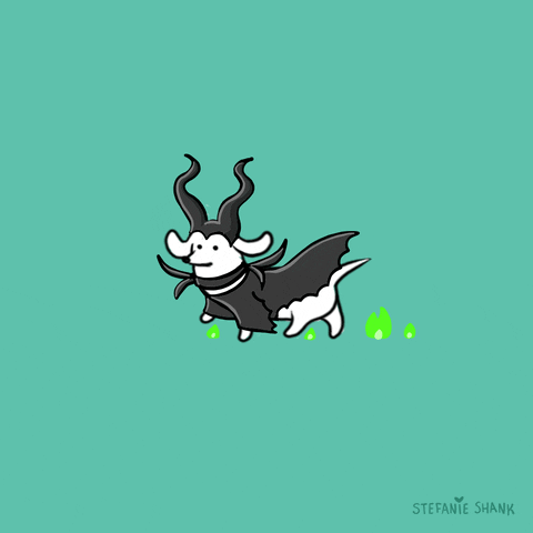 Cartoon gif. A little white dachshund is dressed as Maleficent. It struts through, leaving trails of green fire in its wake, and looks fiercely cute.