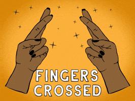 Illustrated gif. Two floating hands cross their fingers tightly as sparkles shimmer around the hands. Text, “Fingers crossed.”
