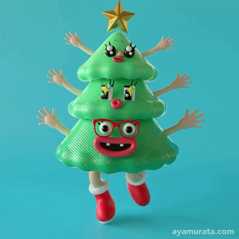 Digital art gif. A christmas tree with three different faces stacked on top of each other and three arms that are up in the air dances around, doing a little shuffle with its feet. 