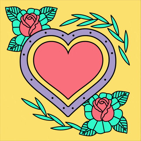 Text gif. Banners unfurl across a pink, purple, and yellow graphic beating heart surrounded by tattoo roses on a yellow background, reading "Celebrate diversity, respect each other's culture."