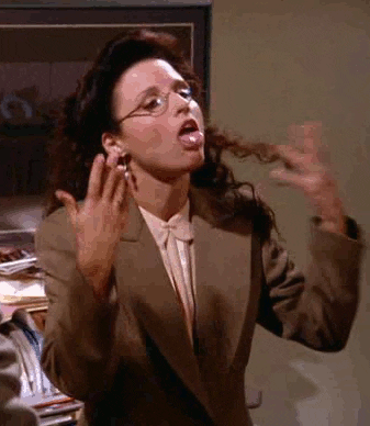 Seinfeld gif. Julia Louis-Dreyfus as Elaine looking impatient and bored out of her mind, making circles with her wrists and sticking out her tongue as if to say "get on with it."