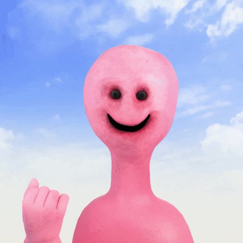 Stop motion gif. A humanoid pink character that might be made out of bubble gum smiles at us over the background of blue sky. We see it offer its hand as text appears that reads, "Nothing."