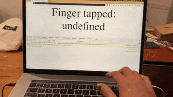Video gif. Website displayed on a laptop screen senses which finger is tapping on the computer. Someone experiments by pressing on their laptop with individual fingers, and the website successfully determines which. Text reads, "Finger tapped:," followed by a label of the correct finger.