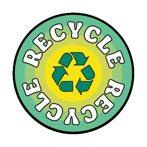 Digital art gif. Yellow and green circle, inside of which is a green recycling symbol. Spinning text around the outside of the circle reads, "Recycle, recycle" in white bubble letters.