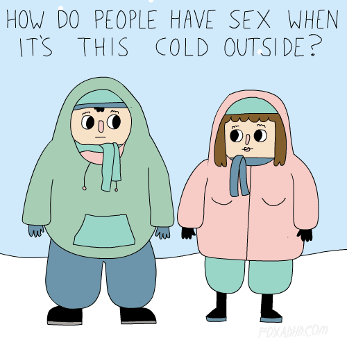 Illustrated gif. Man and woman stand outside in winter gear while snow falls. The man blinks and touches the woman's breast. Text, "How do people have sex when it's this cold outside?