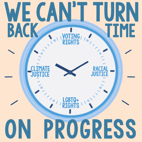 Clock with the text "We Can't Turn Back Time On Progress".