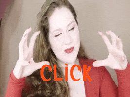 Celebrity gif. Lillee Jean holds her head tilted as she brings her hands together, interlocking her fingers while she looks at us. Text, "click."
