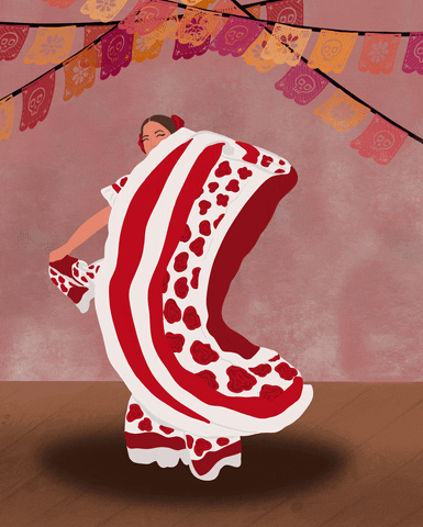Illustrated gif. A folklórico dancer happily taps her feet and twirls each side of her skirt in a fan motion.