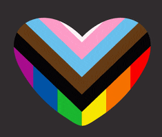 Digital art gif. Beating heart in the colors of the Quasar Pride flag on a soft black background.