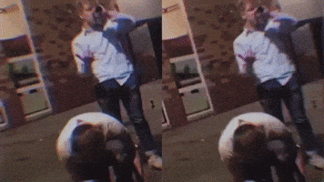 Video gif. Videos in double and triple vision of a man drinking out of a bottle while giving the middle finger and a drunk person stumbling over the hood of a parked car have glitchy static overlays, and as they play, a gold and blue fancy emblem flashes and gets closer to us, white text reading “Wasted” on the emblem.
