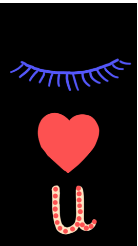 Digital art gif. A vertical illustration of a blinking eyeball, a beating heart, and the letter U. 