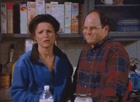 Seinfeld gif. Julia Louis Dreyfus as Elaine and Jason Alexander as George both flash "ok" hand symbols with sarcastic facial expressions; Elaine frowns and purses her lip and George squints and nods.