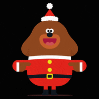 Illustrated gif. Duggee the Dog dressed as Santa Claus, arms wide for a hug.