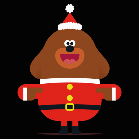 Illustrated gif. Duggee the Dog dressed as Santa Claus, arms wide for a hug.