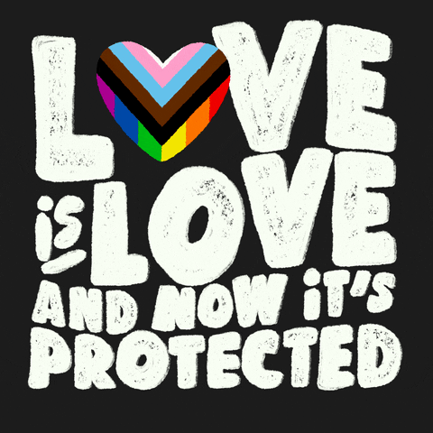 Text gif. White chalk block letters except a heart colored like the Quasar pride flag in place of the O. Text, "Love is love and now it's protected."