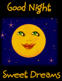 Digital illustration gif. Smiling full moon with bright green eyes, full eyelashes, and full red lips makes a sweet, kissy face as stars glisten in the background. Text, "Good Night. Sweet Dreams."