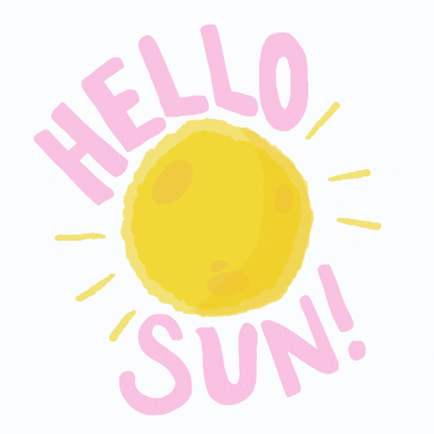 Digital art gif. Shining sun sits between text that reads, "Hello sun!"
