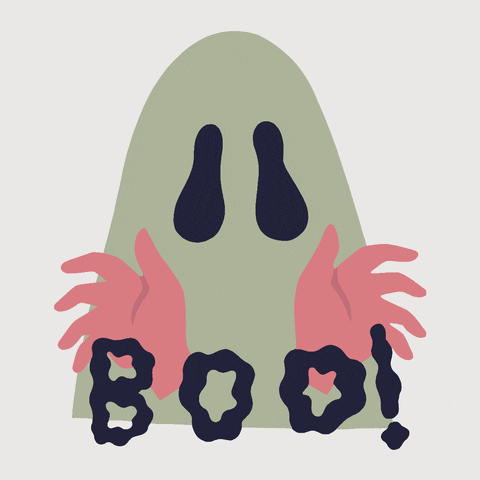 Illustrated gif. An illustration of a person wearing a ghost costume, waving hands, and trembling. Text, "boo!"