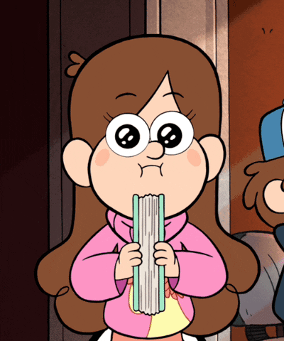 Cartoon gif. Mabel Pines from Gravity Falls looks starry-eyed as she opens and closes a book that has a 3D heart cutout with googly eyes, making it look like the heart is beating. Words in the book read, "Ba Bump."